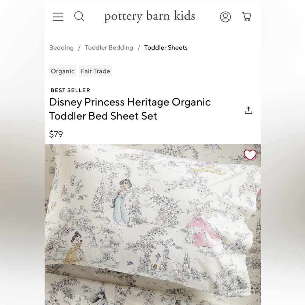 Pottery Barn Kids Disney Princess Organic Toddler Bed Sheets - White and Pink